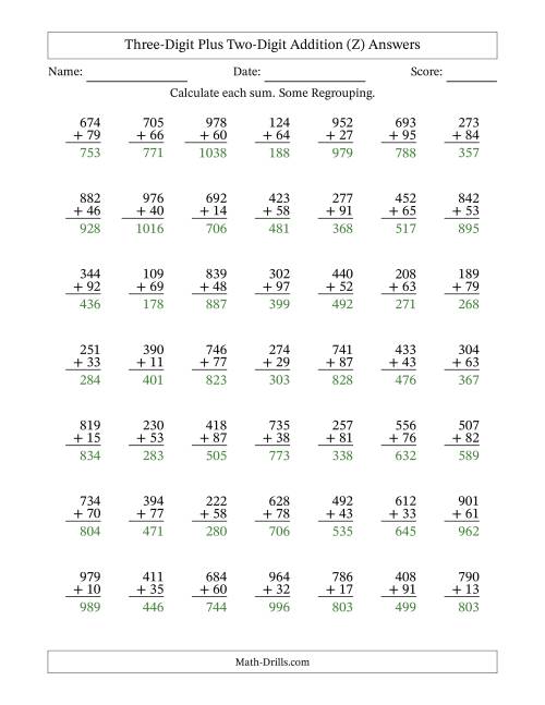 The Three-Digit Plus Two-Digit Addition With Some Regrouping – 49 Questions (Z) Math Worksheet Page 2