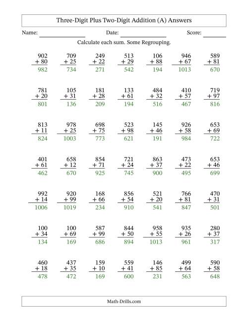 The Three-Digit Plus Two-Digit Addition With Some Regrouping – 49 Questions (All) Math Worksheet Page 2