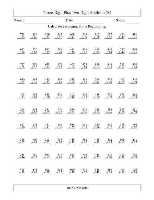 The Three-Digit Plus Two-Digit Addition With Some Regrouping – 100 Questions (B) Math Worksheet