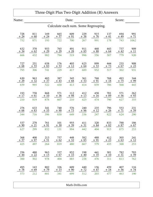 The Three-Digit Plus Two-Digit Addition With Some Regrouping – 100 Questions (B) Math Worksheet Page 2