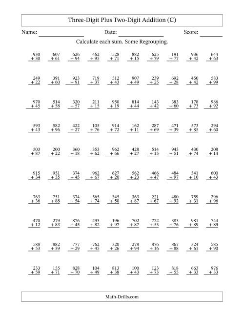 The Three-Digit Plus Two-Digit Addition With Some Regrouping – 100 Questions (C) Math Worksheet