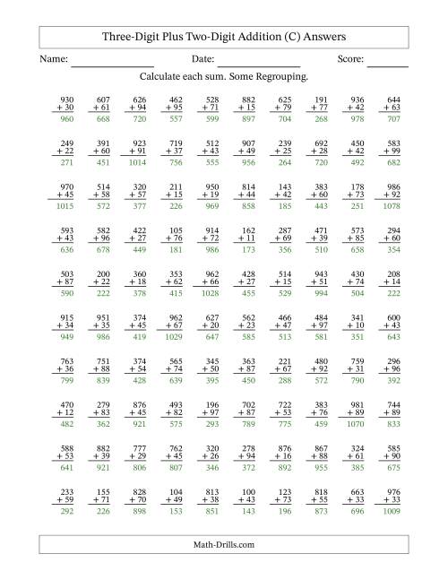 The Three-Digit Plus Two-Digit Addition With Some Regrouping – 100 Questions (C) Math Worksheet Page 2