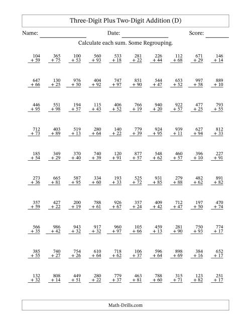 The Three-Digit Plus Two-Digit Addition With Some Regrouping – 100 Questions (D) Math Worksheet