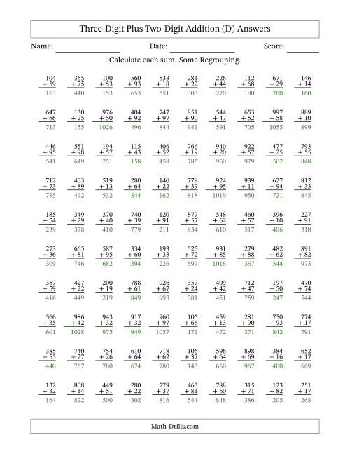 The Three-Digit Plus Two-Digit Addition With Some Regrouping – 100 Questions (D) Math Worksheet Page 2
