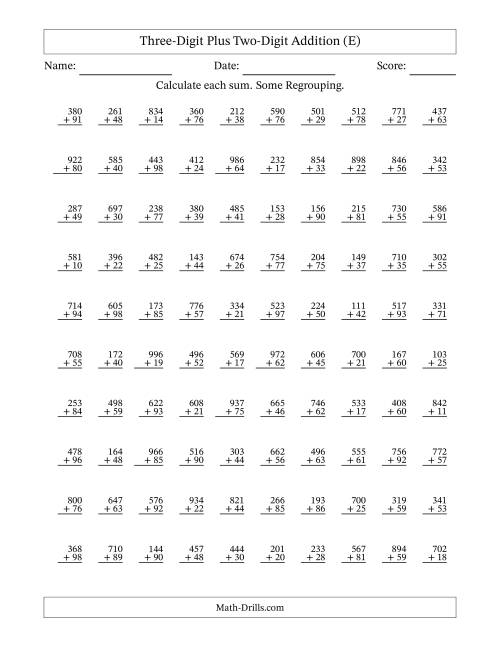 The Three-Digit Plus Two-Digit Addition With Some Regrouping – 100 Questions (E) Math Worksheet