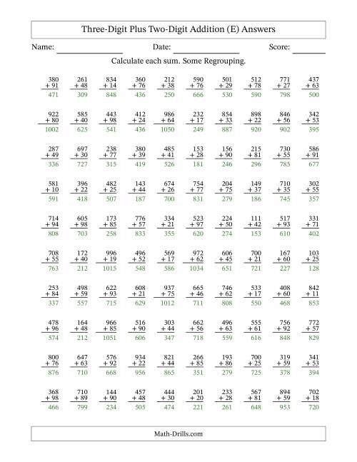 The Three-Digit Plus Two-Digit Addition With Some Regrouping – 100 Questions (E) Math Worksheet Page 2