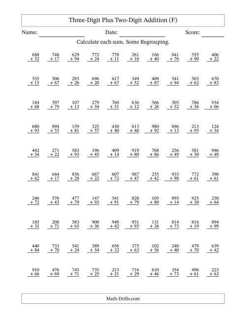 The Three-Digit Plus Two-Digit Addition With Some Regrouping – 100 Questions (F) Math Worksheet