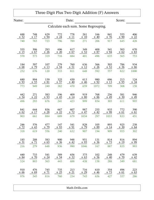 The Three-Digit Plus Two-Digit Addition With Some Regrouping – 100 Questions (F) Math Worksheet Page 2