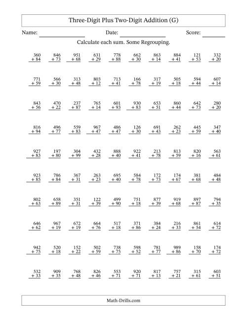 The Three-Digit Plus Two-Digit Addition With Some Regrouping – 100 Questions (G) Math Worksheet