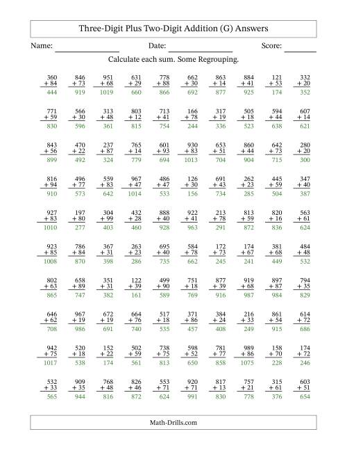 The Three-Digit Plus Two-Digit Addition With Some Regrouping – 100 Questions (G) Math Worksheet Page 2