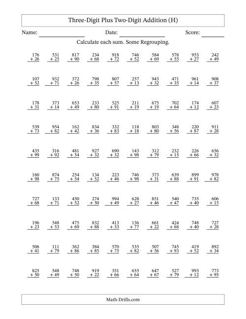The Three-Digit Plus Two-Digit Addition With Some Regrouping – 100 Questions (H) Math Worksheet