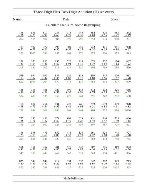 The Three-Digit Plus Two-Digit Addition With Some Regrouping – 100 Questions (H) Math Worksheet Page 2