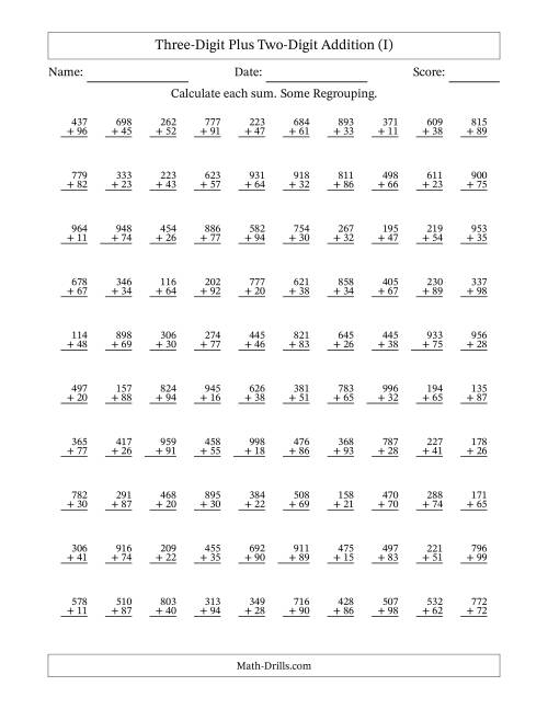 The Three-Digit Plus Two-Digit Addition With Some Regrouping – 100 Questions (I) Math Worksheet