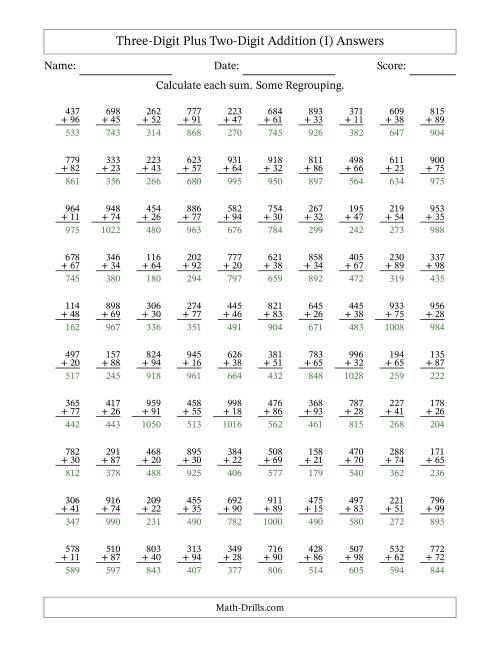 The Three-Digit Plus Two-Digit Addition With Some Regrouping – 100 Questions (I) Math Worksheet Page 2