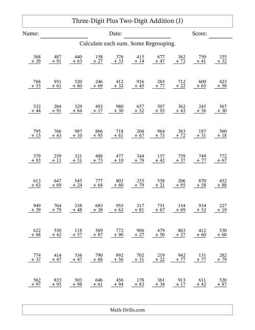 The Three-Digit Plus Two-Digit Addition With Some Regrouping – 100 Questions (J) Math Worksheet