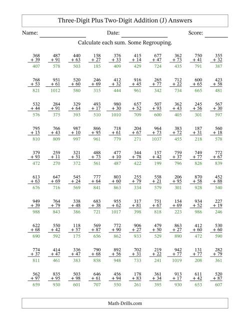 The Three-Digit Plus Two-Digit Addition With Some Regrouping – 100 Questions (J) Math Worksheet Page 2