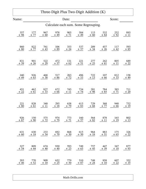 The Three-Digit Plus Two-Digit Addition With Some Regrouping – 100 Questions (K) Math Worksheet