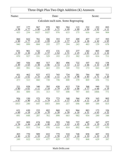 The Three-Digit Plus Two-Digit Addition With Some Regrouping – 100 Questions (K) Math Worksheet Page 2