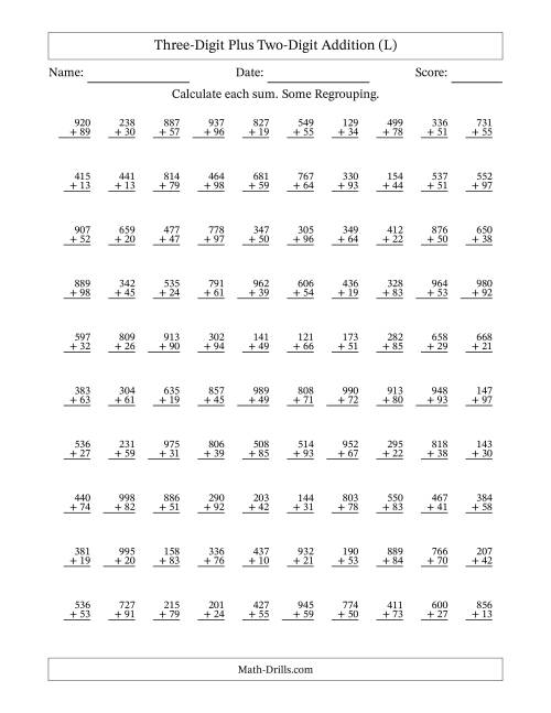 The Three-Digit Plus Two-Digit Addition With Some Regrouping – 100 Questions (L) Math Worksheet