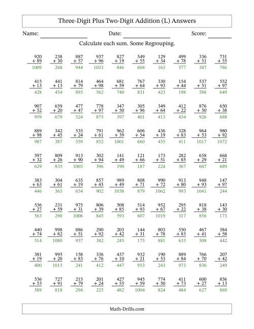 The Three-Digit Plus Two-Digit Addition With Some Regrouping – 100 Questions (L) Math Worksheet Page 2