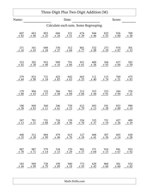 The Three-Digit Plus Two-Digit Addition With Some Regrouping – 100 Questions (M) Math Worksheet