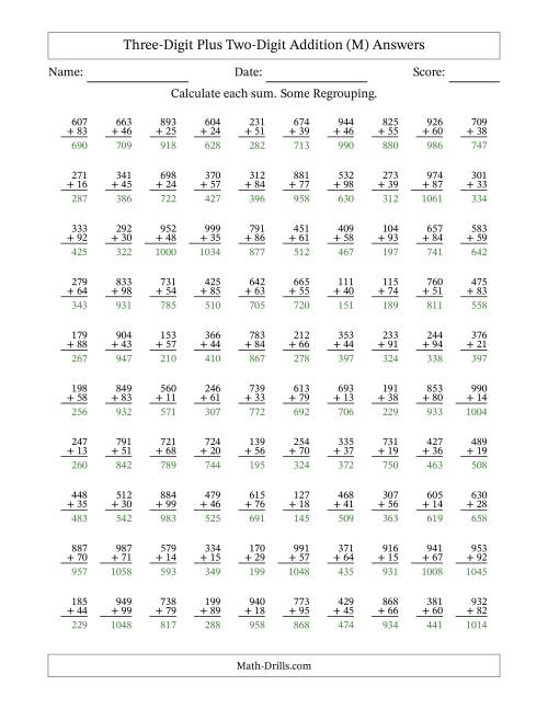 The Three-Digit Plus Two-Digit Addition With Some Regrouping – 100 Questions (M) Math Worksheet Page 2