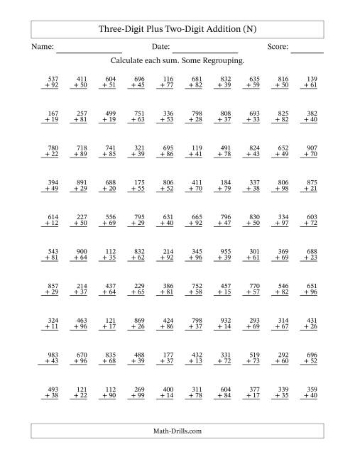 The Three-Digit Plus Two-Digit Addition With Some Regrouping – 100 Questions (N) Math Worksheet