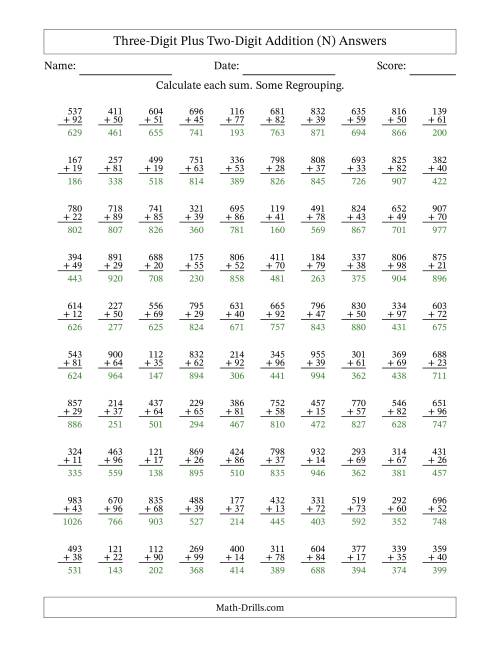 The Three-Digit Plus Two-Digit Addition With Some Regrouping – 100 Questions (N) Math Worksheet Page 2