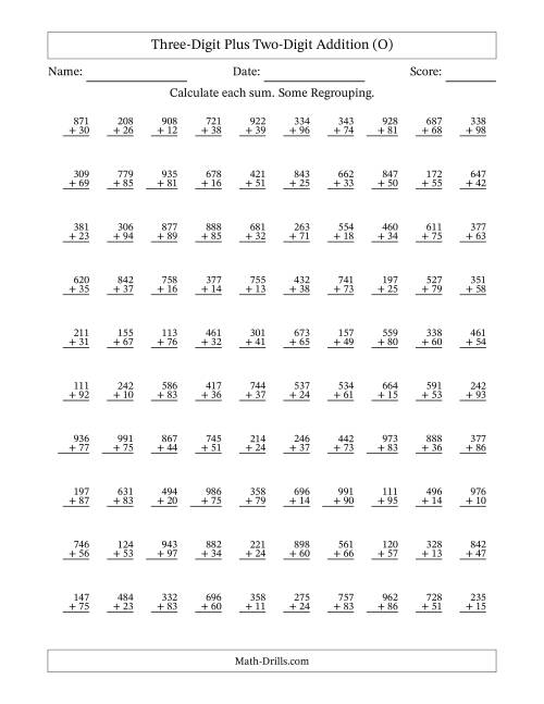 The Three-Digit Plus Two-Digit Addition With Some Regrouping – 100 Questions (O) Math Worksheet