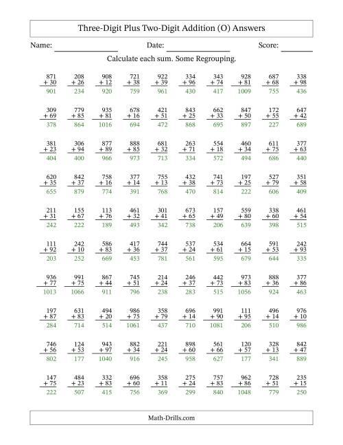 The Three-Digit Plus Two-Digit Addition With Some Regrouping – 100 Questions (O) Math Worksheet Page 2