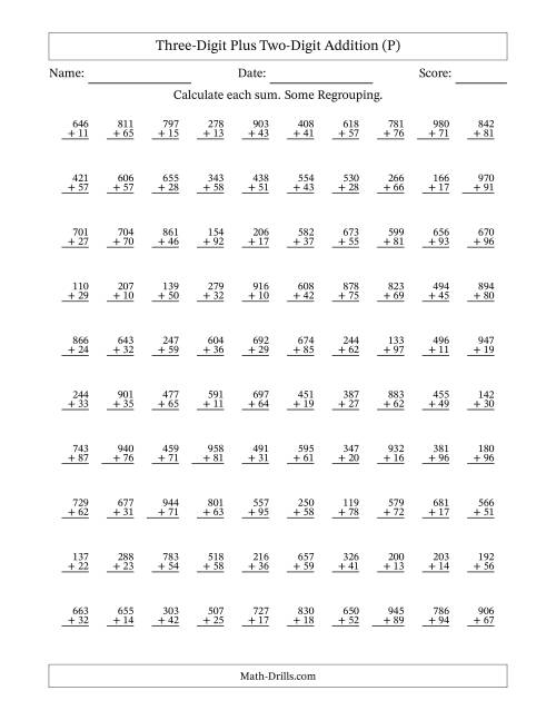 The Three-Digit Plus Two-Digit Addition With Some Regrouping – 100 Questions (P) Math Worksheet