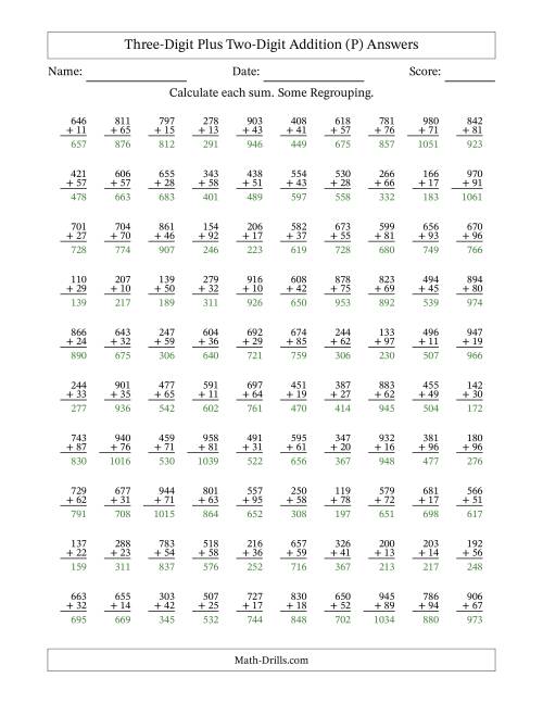 The Three-Digit Plus Two-Digit Addition With Some Regrouping – 100 Questions (P) Math Worksheet Page 2