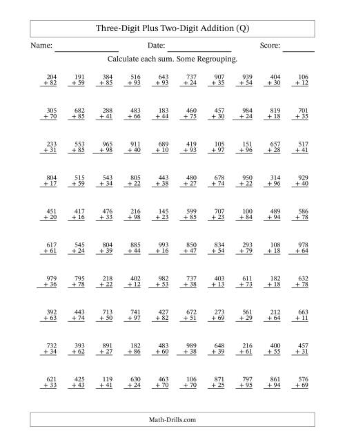 The Three-Digit Plus Two-Digit Addition With Some Regrouping – 100 Questions (Q) Math Worksheet