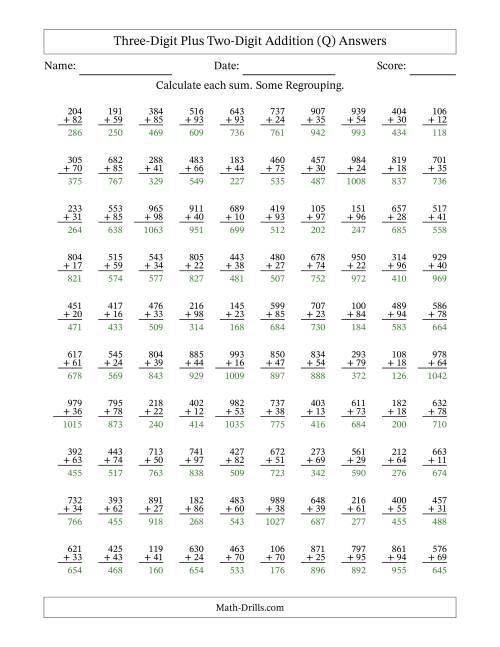 The Three-Digit Plus Two-Digit Addition With Some Regrouping – 100 Questions (Q) Math Worksheet Page 2