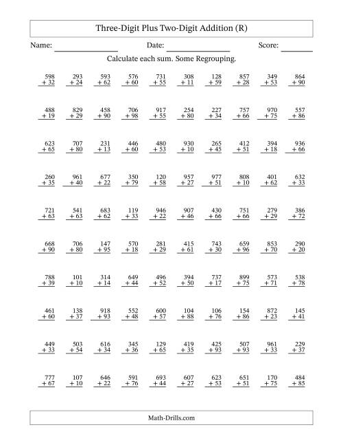 The Three-Digit Plus Two-Digit Addition With Some Regrouping – 100 Questions (R) Math Worksheet