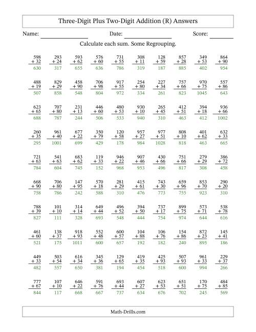 The Three-Digit Plus Two-Digit Addition With Some Regrouping – 100 Questions (R) Math Worksheet Page 2