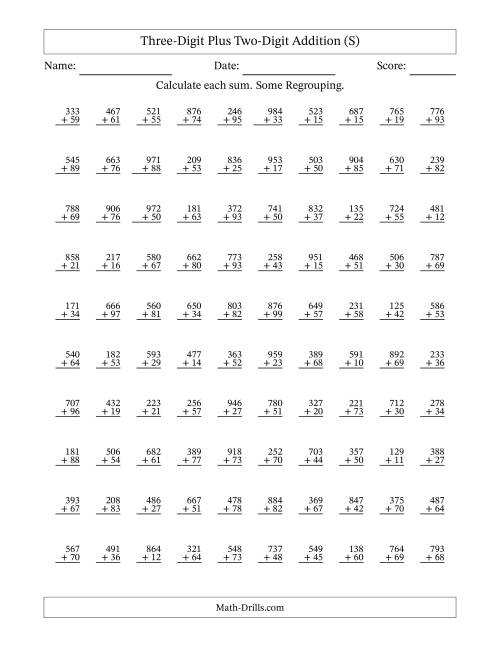 The Three-Digit Plus Two-Digit Addition With Some Regrouping – 100 Questions (S) Math Worksheet