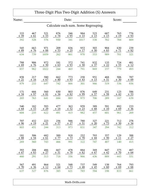 The Three-Digit Plus Two-Digit Addition With Some Regrouping – 100 Questions (S) Math Worksheet Page 2