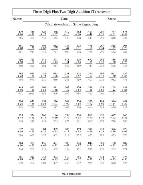 The Three-Digit Plus Two-Digit Addition With Some Regrouping – 100 Questions (T) Math Worksheet Page 2