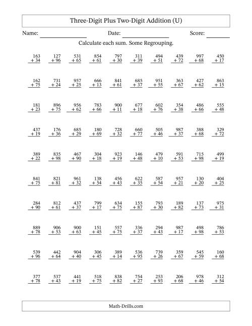 The Three-Digit Plus Two-Digit Addition With Some Regrouping – 100 Questions (U) Math Worksheet