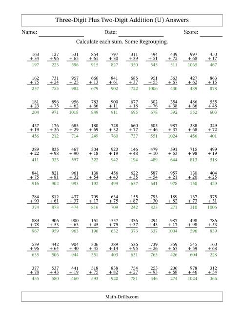 The Three-Digit Plus Two-Digit Addition With Some Regrouping – 100 Questions (U) Math Worksheet Page 2