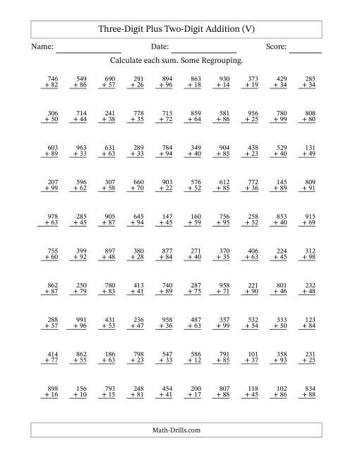 The Three-Digit Plus Two-Digit Addition With Some Regrouping – 100 Questions (V) Math Worksheet