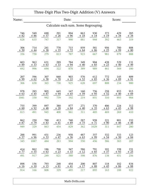 The Three-Digit Plus Two-Digit Addition With Some Regrouping – 100 Questions (V) Math Worksheet Page 2