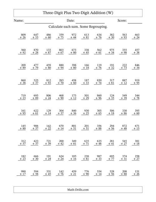 The Three-Digit Plus Two-Digit Addition With Some Regrouping – 100 Questions (W) Math Worksheet