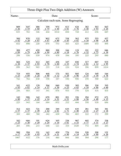 The Three-Digit Plus Two-Digit Addition With Some Regrouping – 100 Questions (W) Math Worksheet Page 2