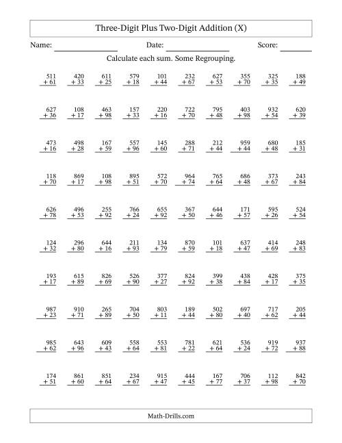 The Three-Digit Plus Two-Digit Addition With Some Regrouping – 100 Questions (X) Math Worksheet