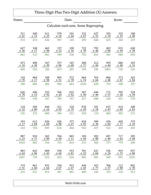 The Three-Digit Plus Two-Digit Addition With Some Regrouping – 100 Questions (X) Math Worksheet Page 2