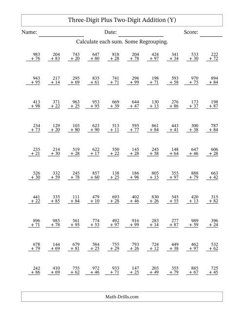 The Three-Digit Plus Two-Digit Addition With Some Regrouping – 100 Questions (Y) Math Worksheet
