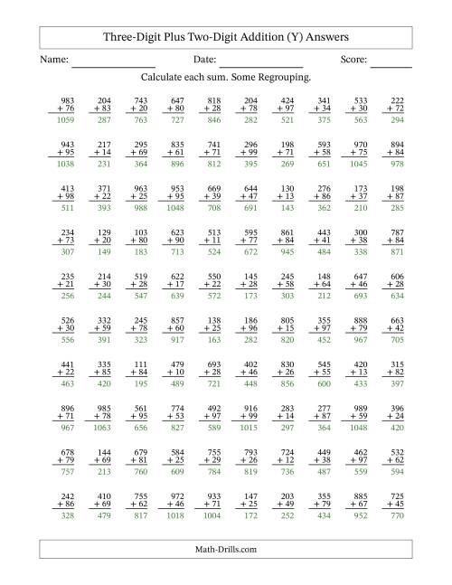 The Three-Digit Plus Two-Digit Addition With Some Regrouping – 100 Questions (Y) Math Worksheet Page 2