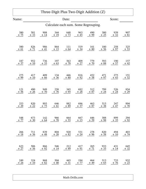 The Three-Digit Plus Two-Digit Addition With Some Regrouping – 100 Questions (Z) Math Worksheet